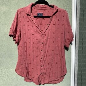 Women's Red/ Pink Embroidered Button-Up Short sleeve Top